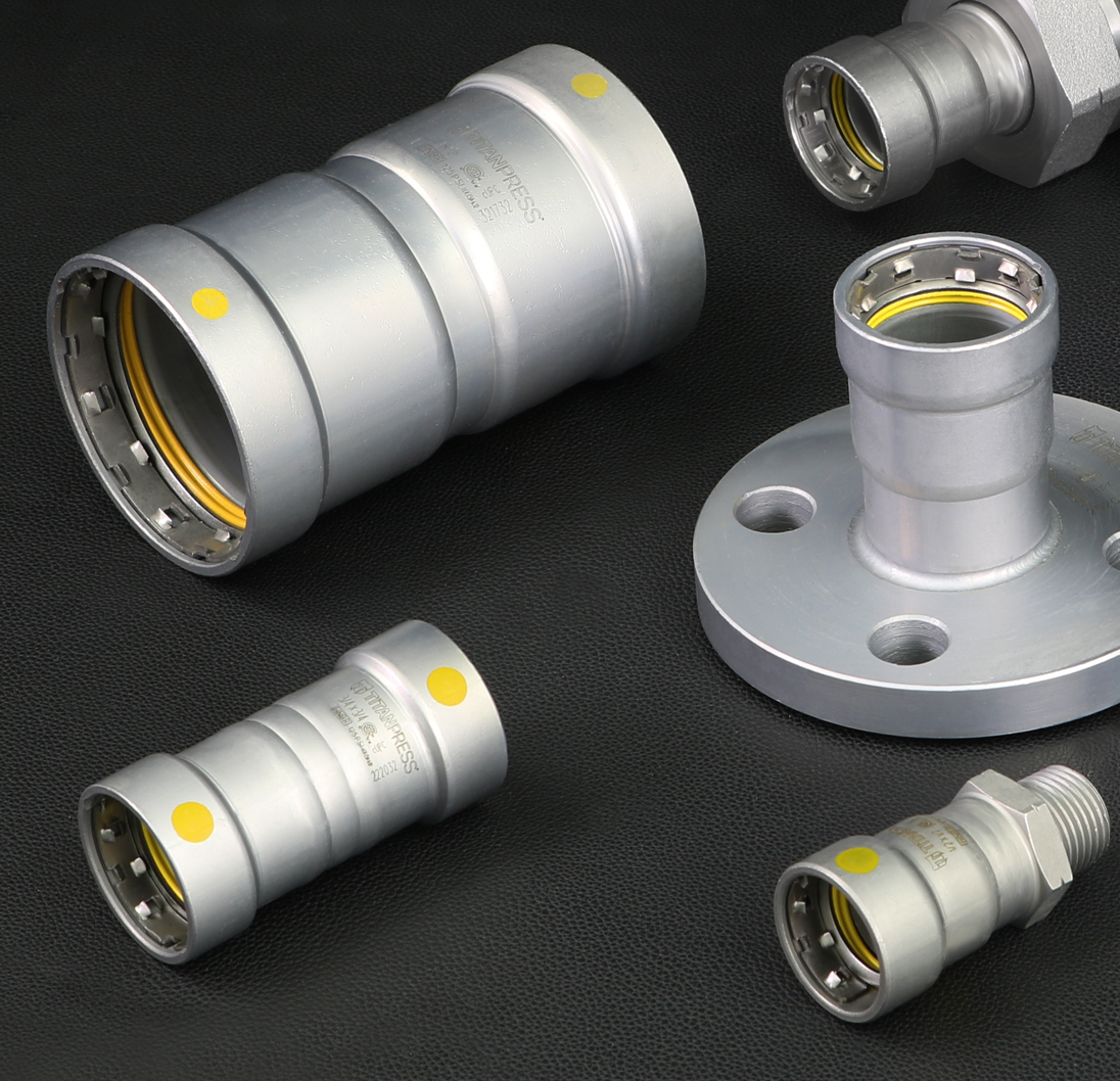 Titanpress gas press fittings and flange with yellow sealing elements.
