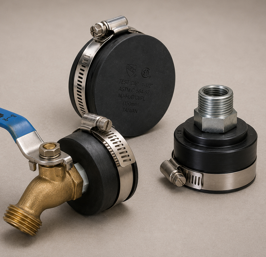 Plumbing test caps with clamps and threaded connection fittings.