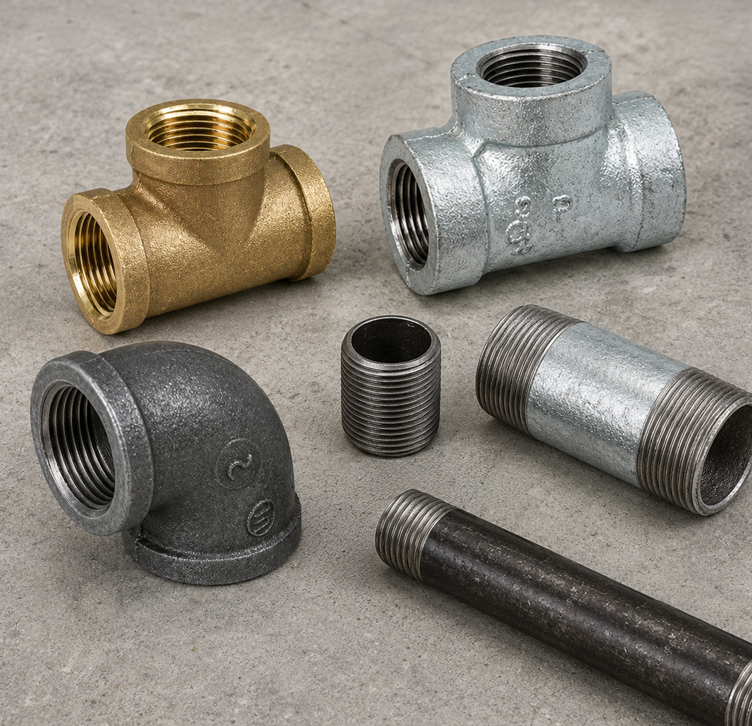 Threaded brass, galvanized and black iron fittings and pipe nipples.