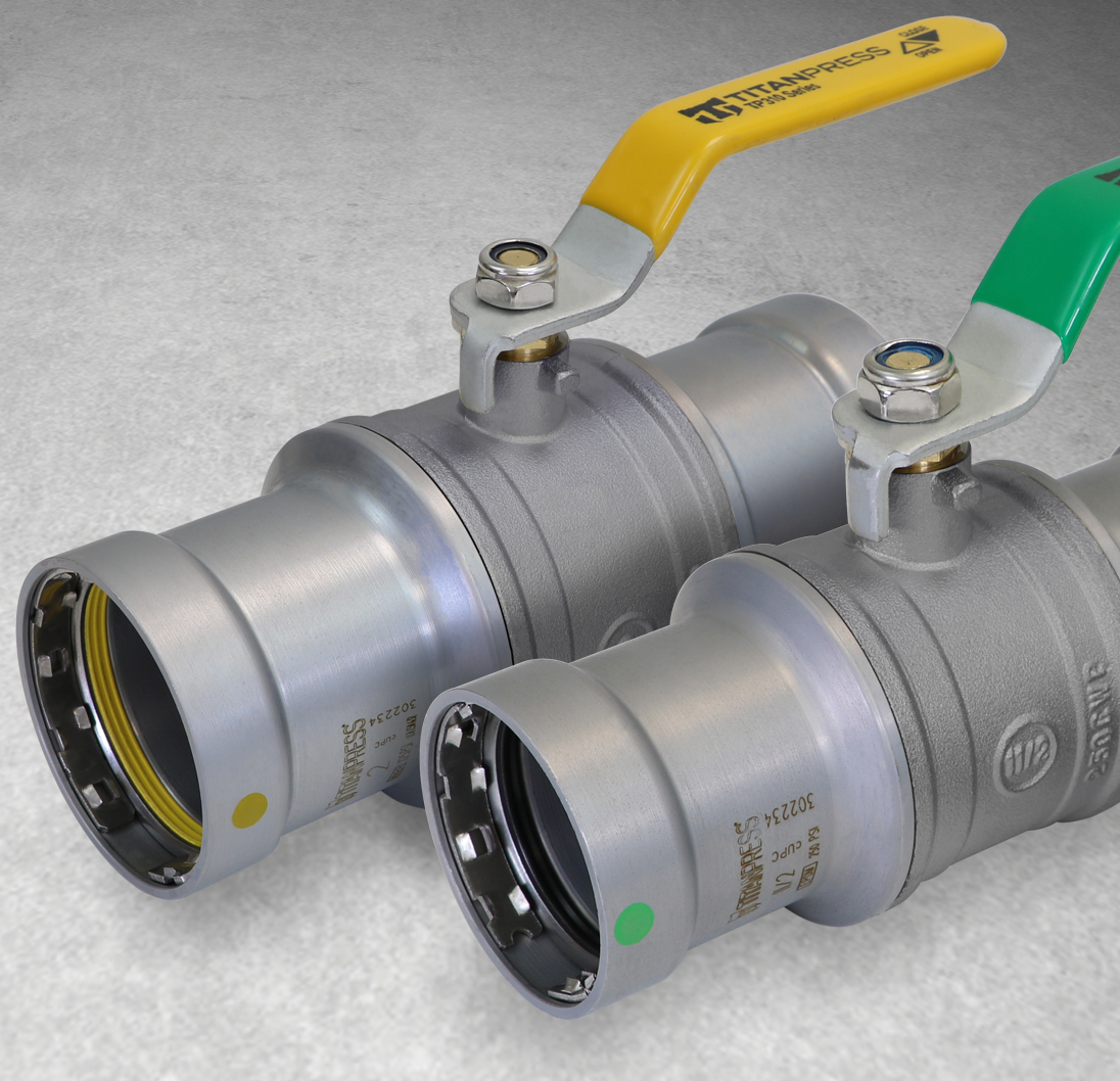 Titanpress press ball valves with yellow and green lever handles.