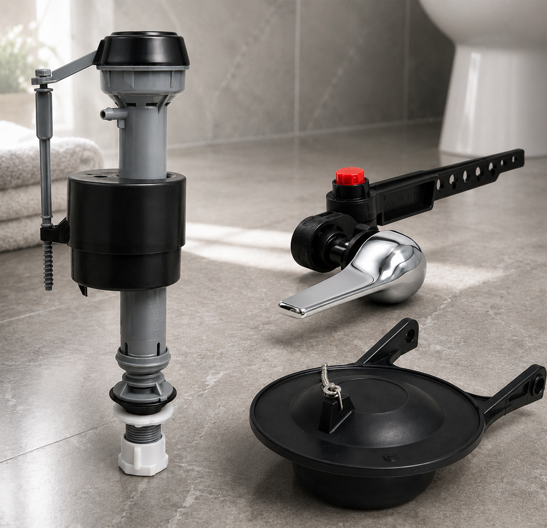 Assortment of toilet repair components including fill and flush valves.