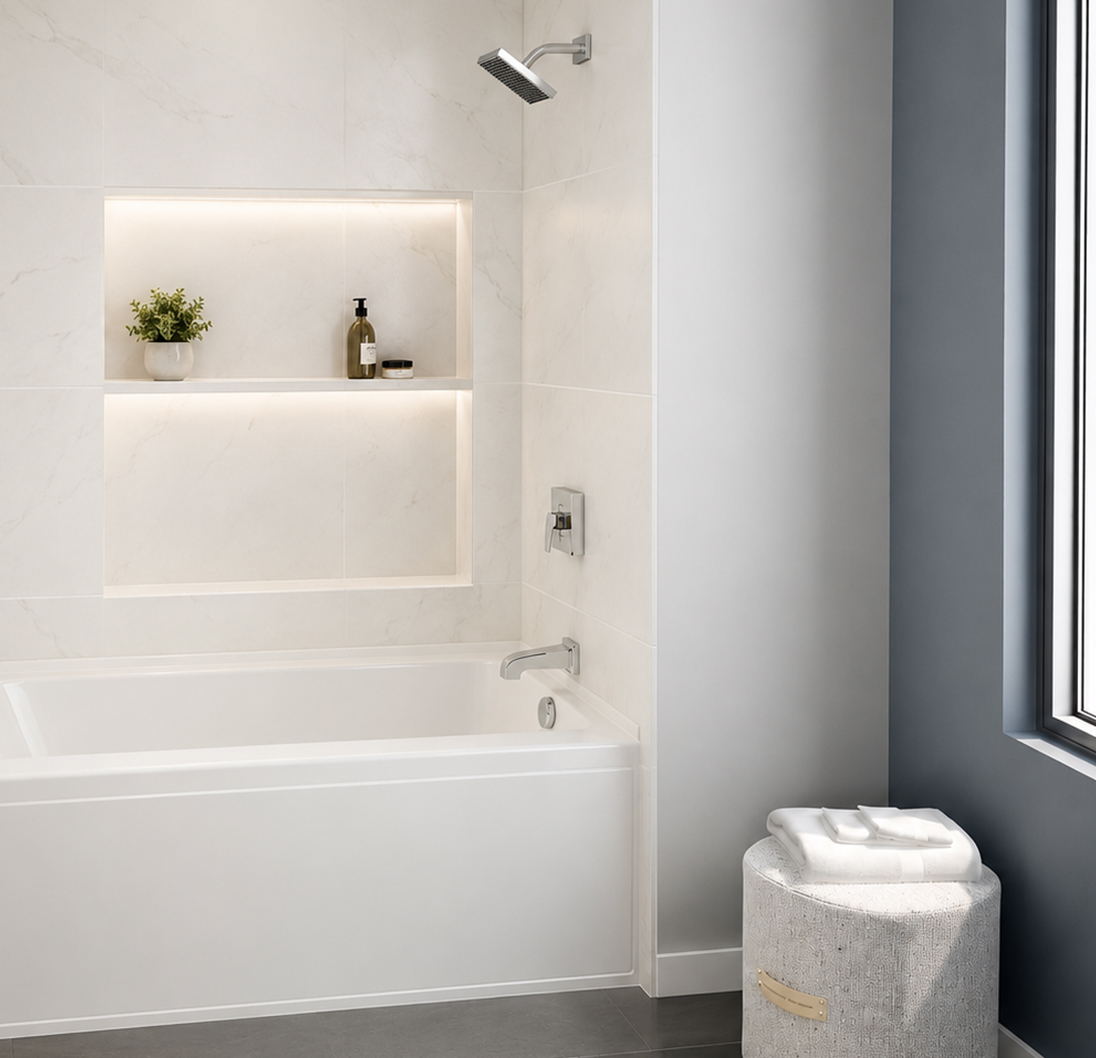 Modern bathroom with bathtub, shower fixtures and recessed wall shelving.