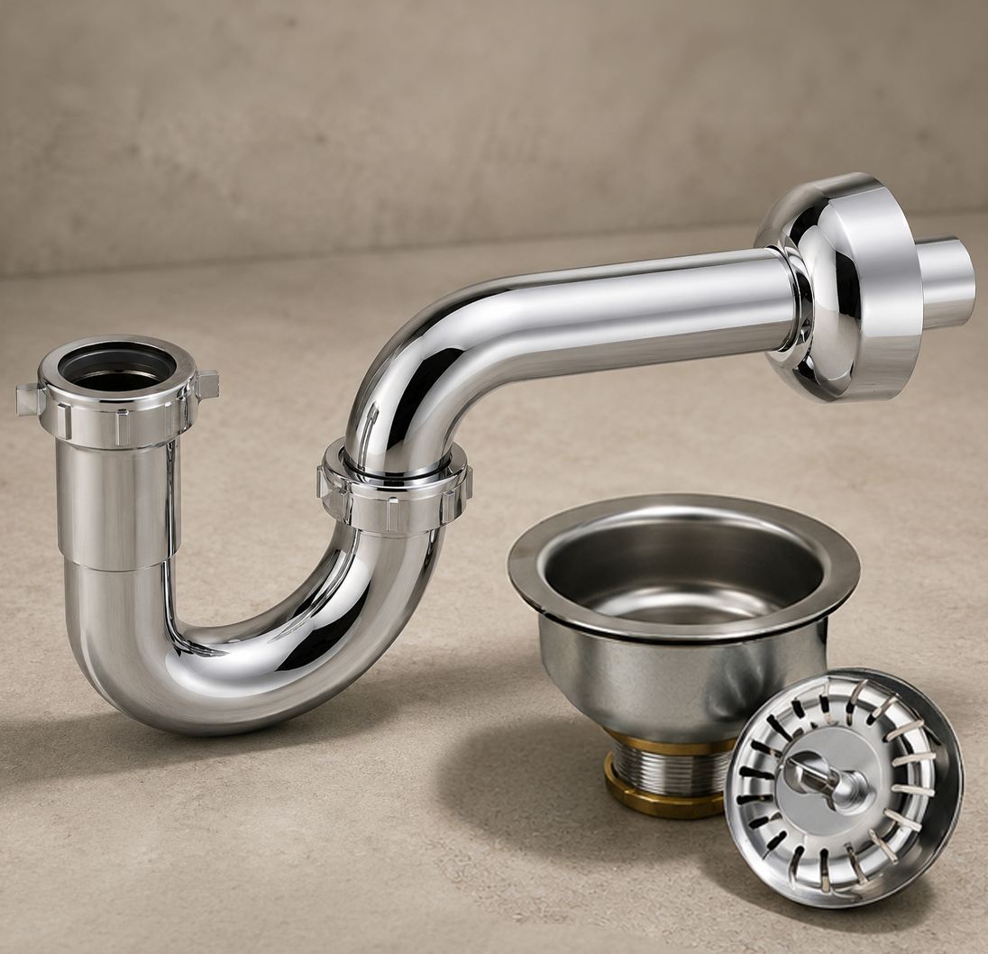Everflow chrome P-trap, sink drain and strainer components for plumbing systems.