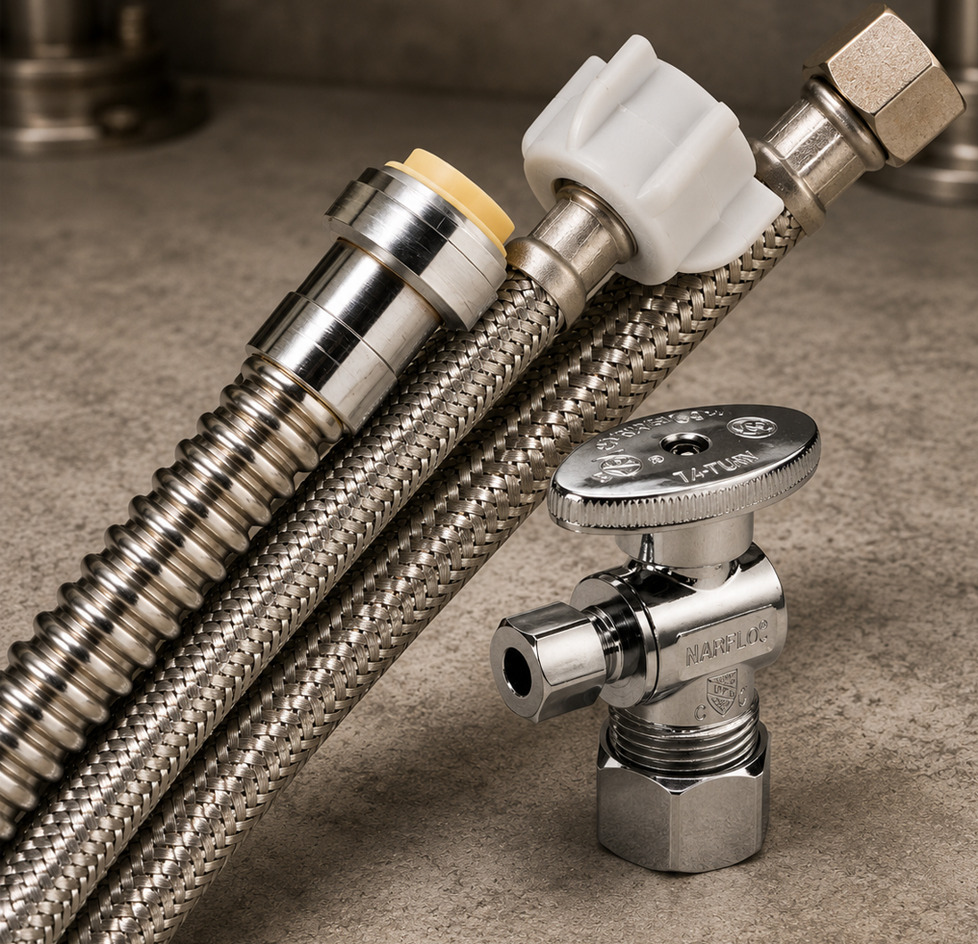 Everflow flexible water supply lines and chrome shut-off valve for plumbing installations.