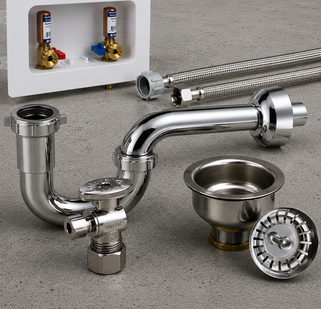 Everflow chrome sink drains, strainers and tubular plumbing components.