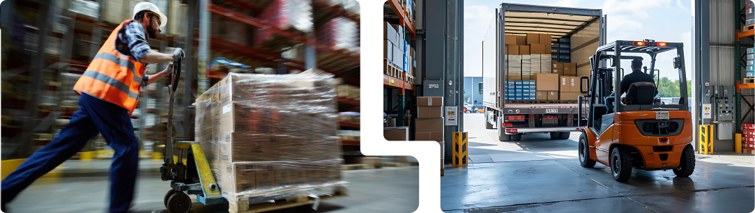 Male warehouse worker moves palletized inventory for efficient order fulfillment and distribution. And a forklift loading palletized products into a delivery truck at a distribution warehouse.