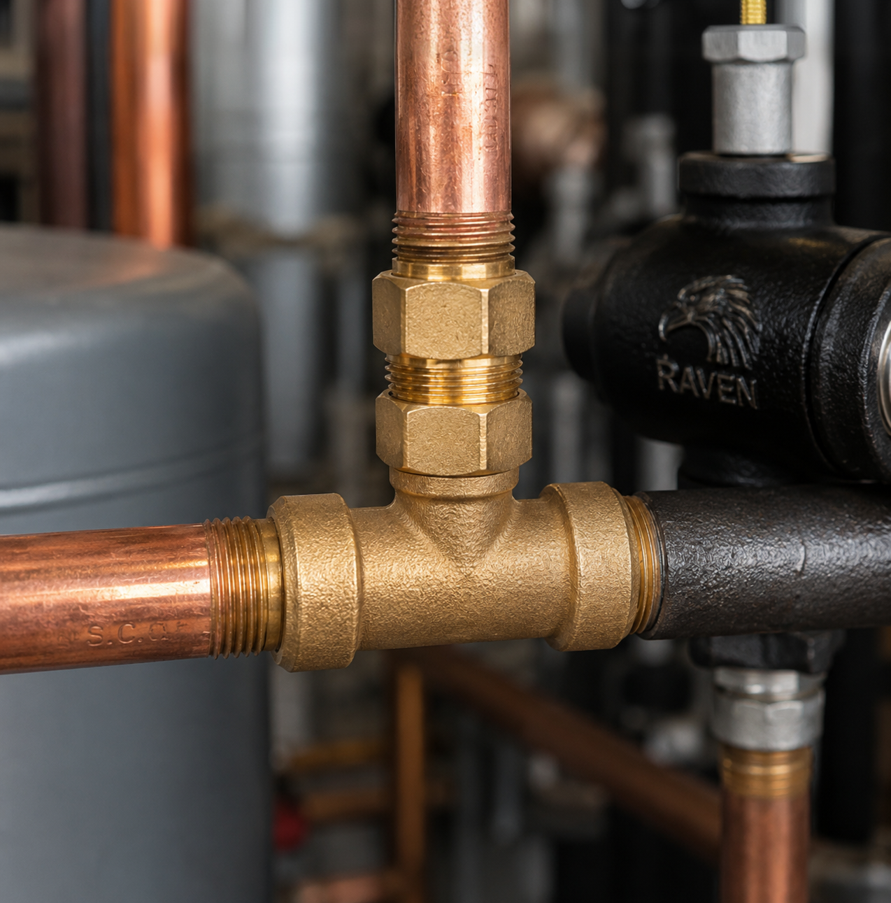 Brass plumbing fitting connecting copper and steel pipe in a commercial plumbing system.