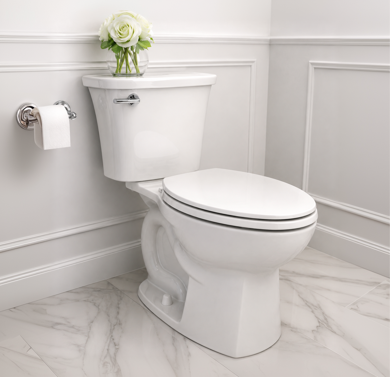 White two-piece toilet installed in a bright residential bathroom.
