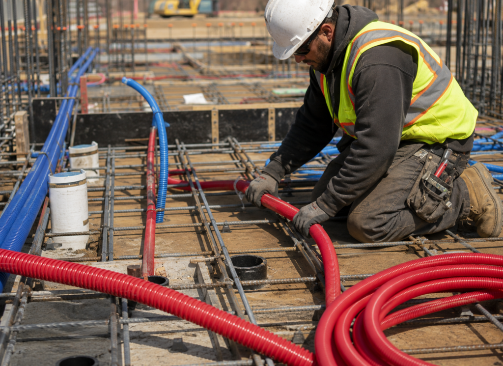 Worker installing red PEX tubing for a radiant heating system at a construction site.