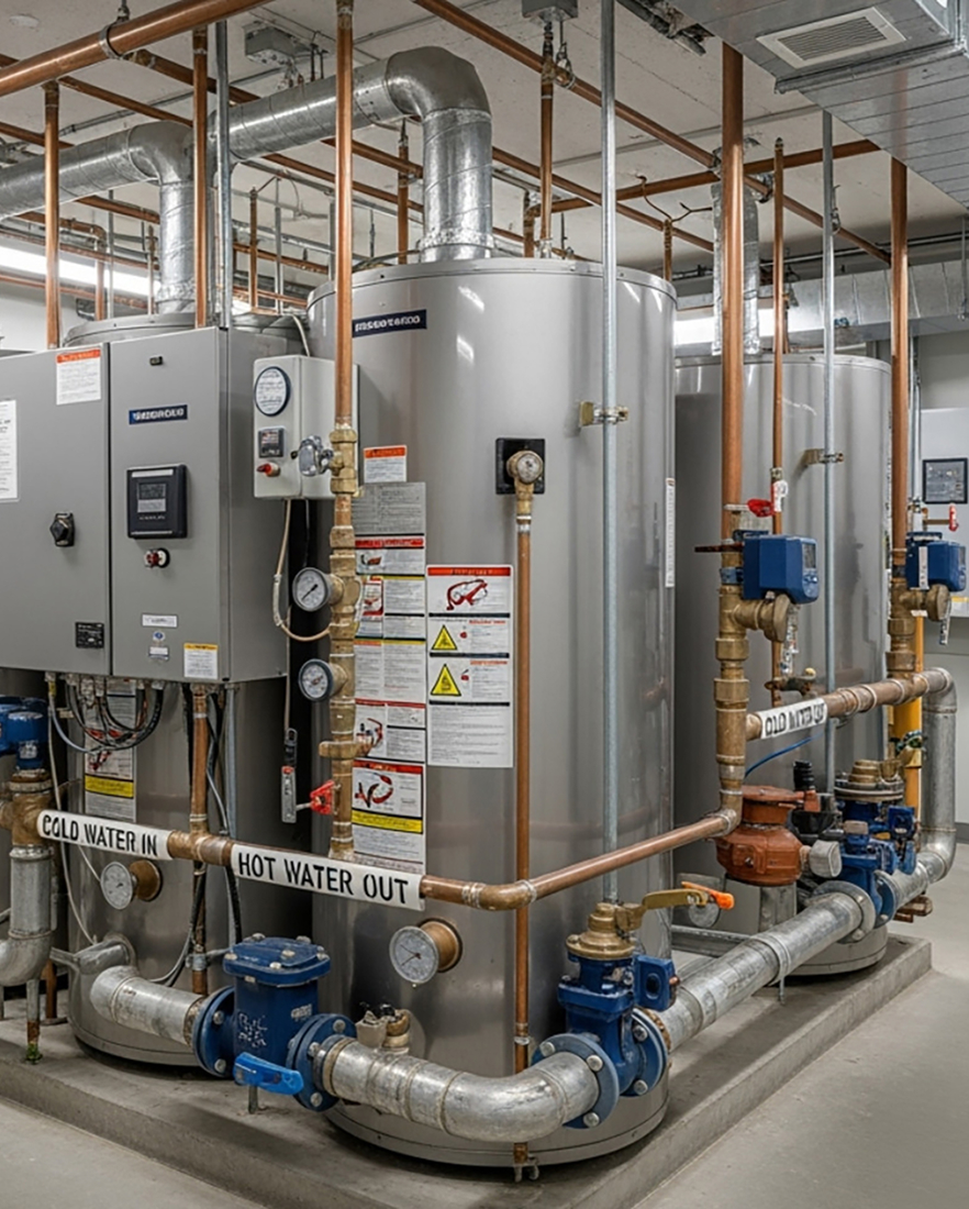 Commercial water heater connected to copper piping for reliable hot water systems.