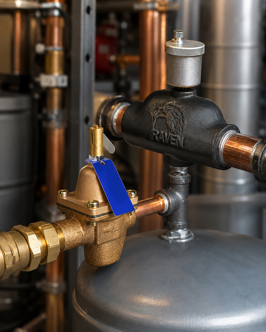 Hydronic air separator installed in a commercial mechanical plumbing system.