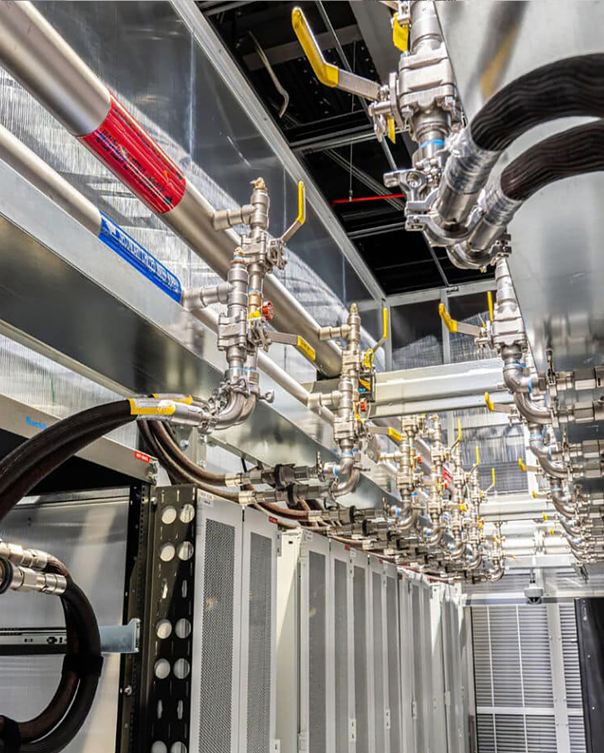Commercial plumbing system with valves and piping for industrial fluid distribution.