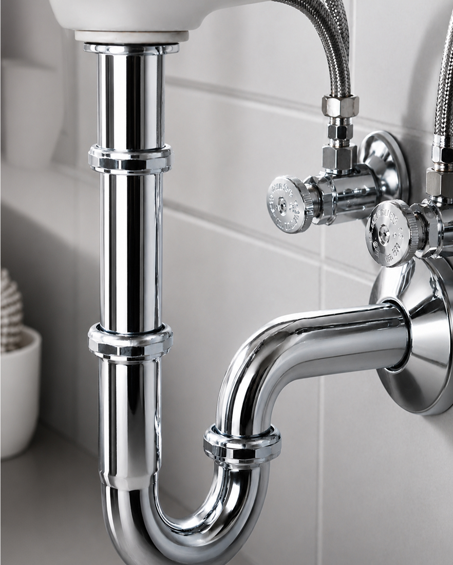Chrome supply valve and drain assembly beneath a bathroom sink installation.